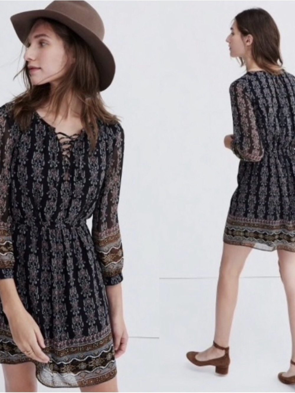 Madewell Black Floral-Print Lace-Up Mini Dress